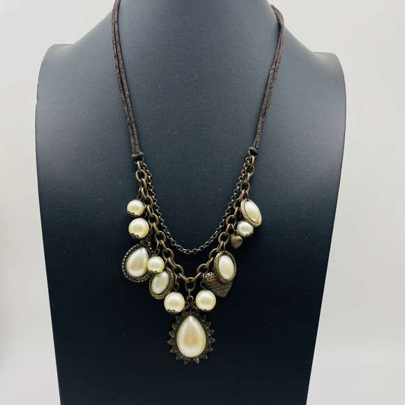 Summoning Jewelry - Signed Summoning Statement Necklace Cream Pearlescent Cabochon Faux Leather